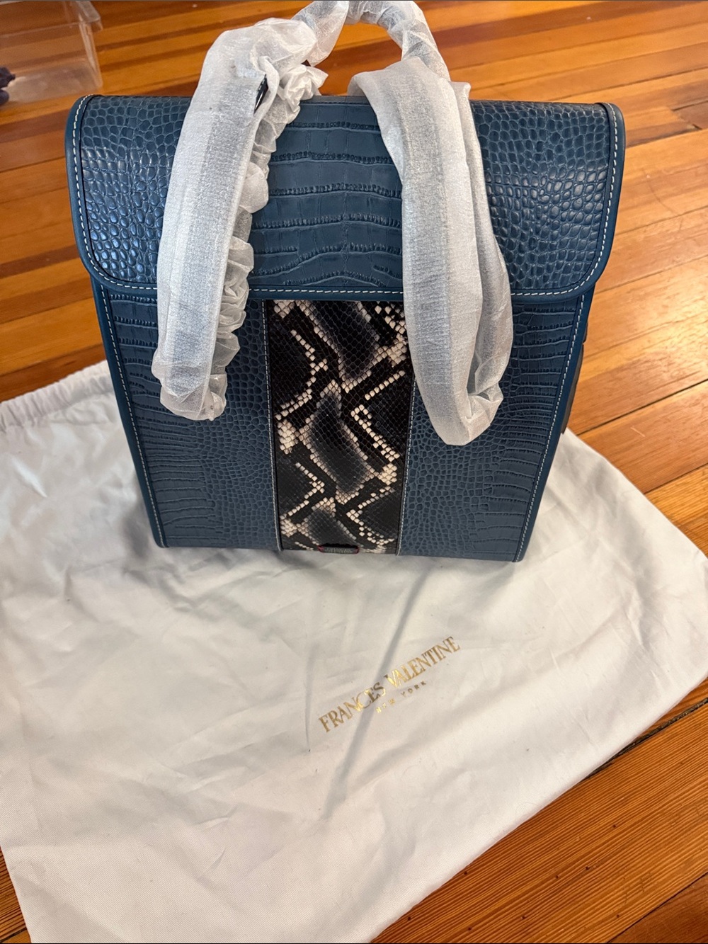 Frances Valentine Trey Backpack Blue Croc-Embossed with Snake-Print Panel